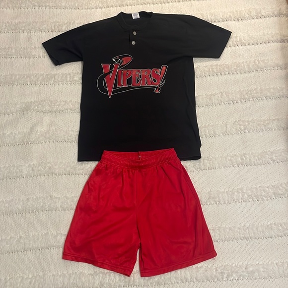 Russell blend baseball Vipers top black & athletic shorts red boys size L 14 16 - Picture 1 of 12